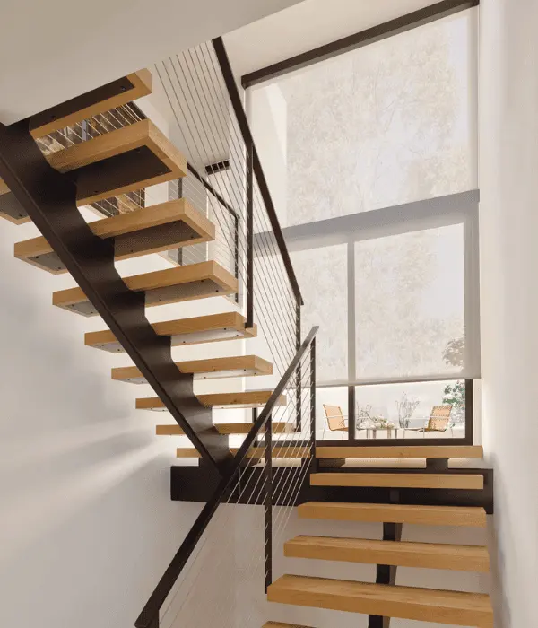 Solar shades shielding a modern staircase