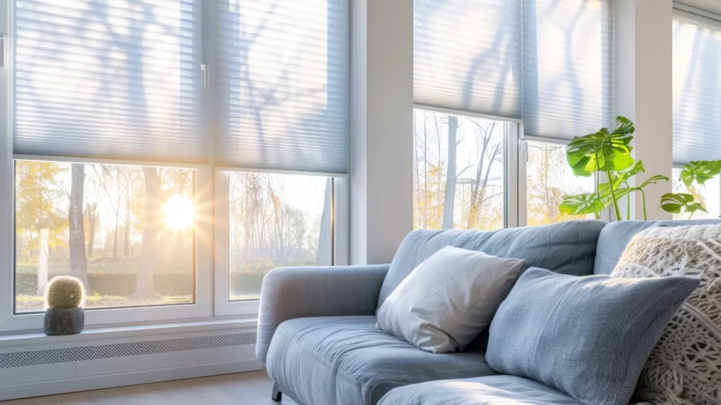 Honeycomb shades in a sunlit living room