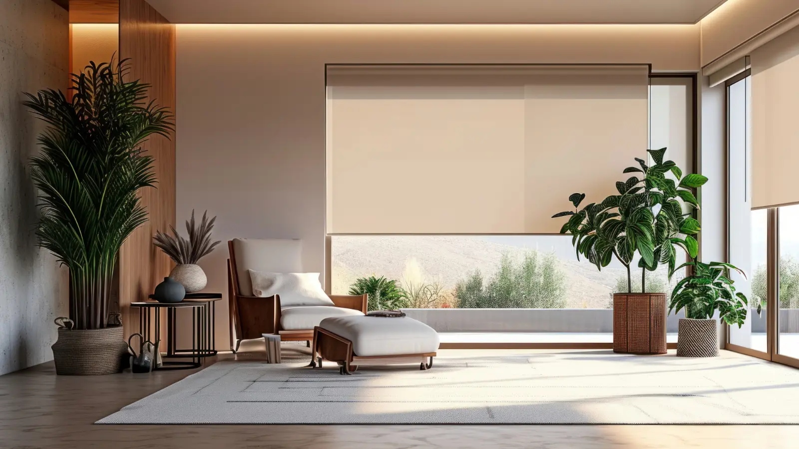 A modern living room with roller shades