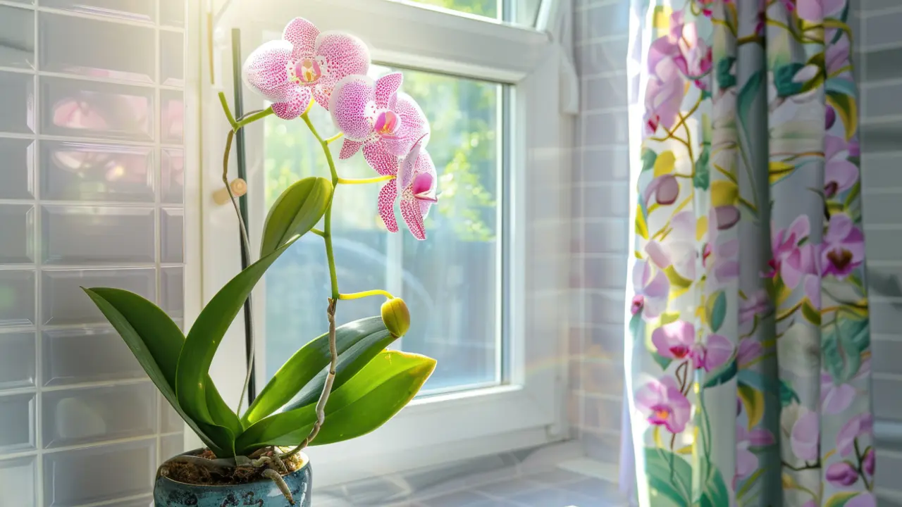 A pink orchid on a windowsill, with floral curtains nearby