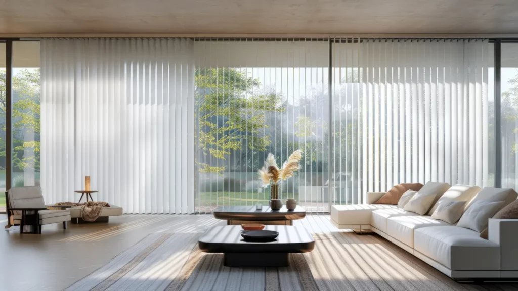 A modern living room with vertical blinds