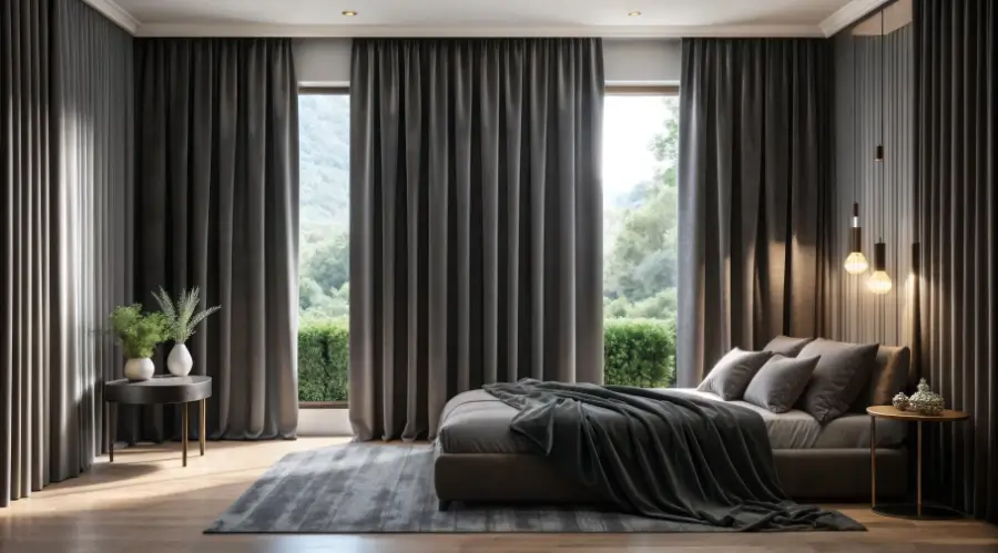 Modern bedroom with blackout curtains