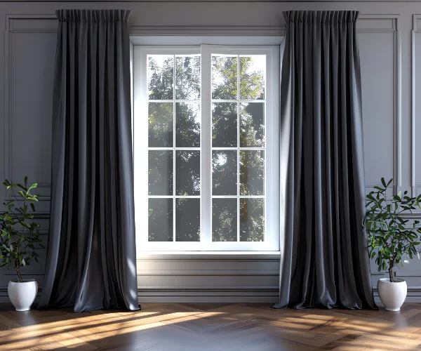 A window with blackout curtains and plants