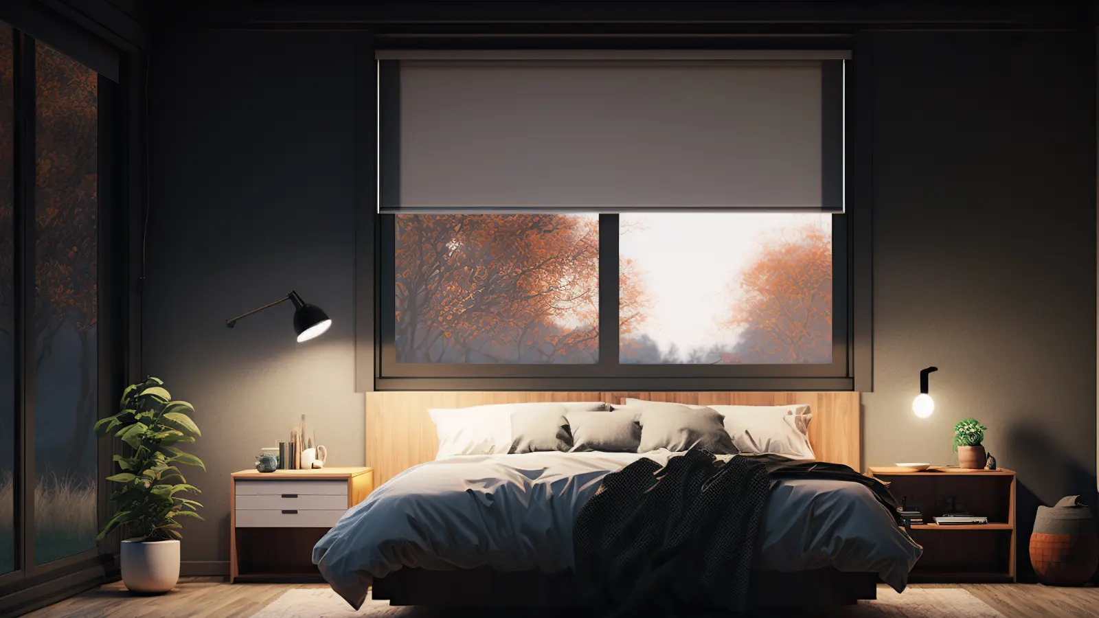 A bedroom with room-darkening window shades