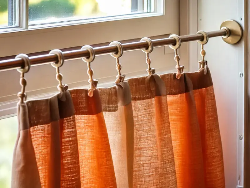 Cafe curtains in warm hues hang on a rod over a window.