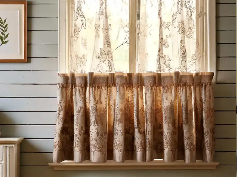 A sunny window with floral cafe curtains and a leaf print