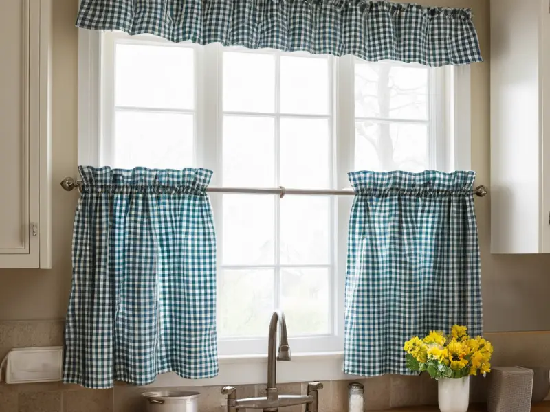 Kitchen window with blue gingham cafe curtains