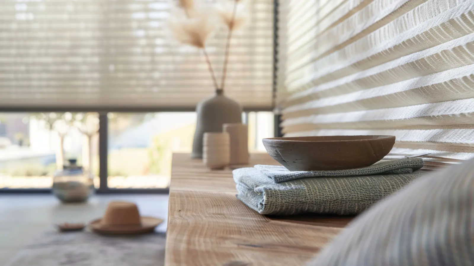 A living room with cellular shades