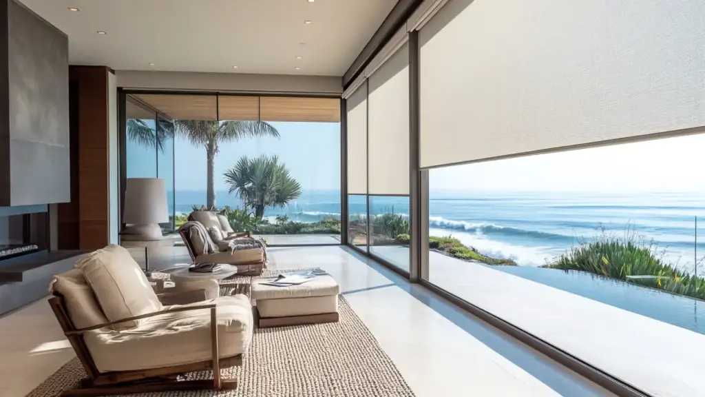 A luxurious living room with an ocean view and smart window treatments