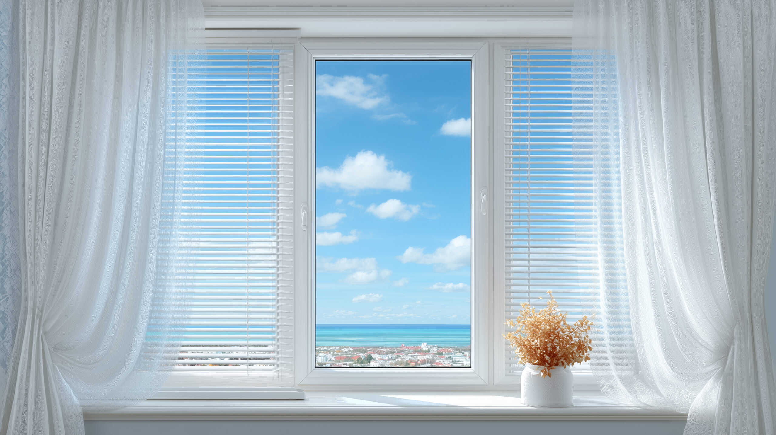 Sheer curtains layered with blinds