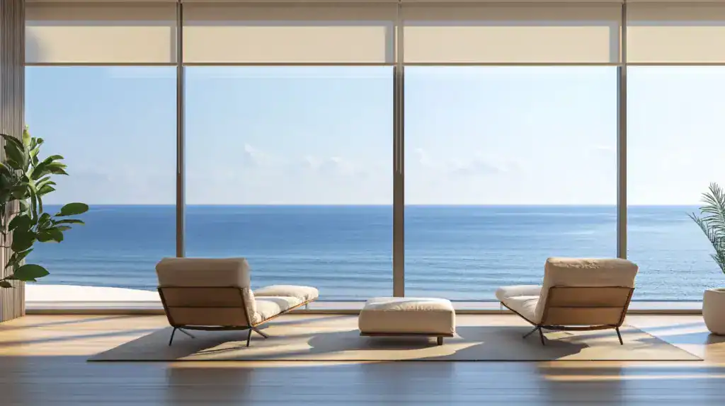 Roller shades in a beach house