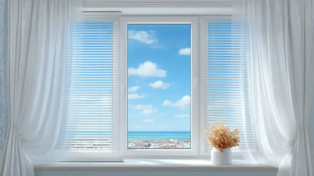 Layered window treatment with blinds and curtains