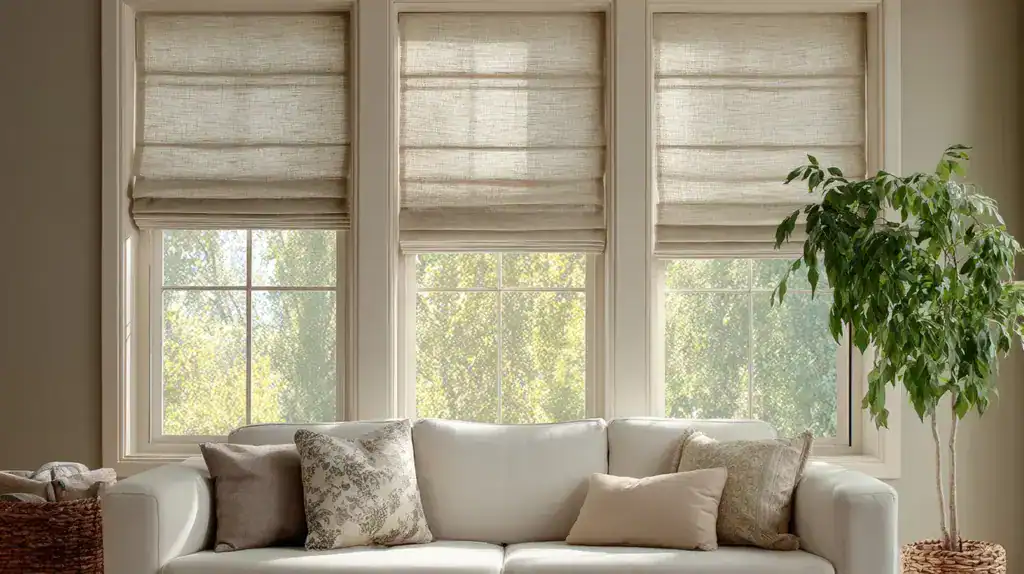 Roman shades coverining three small windows