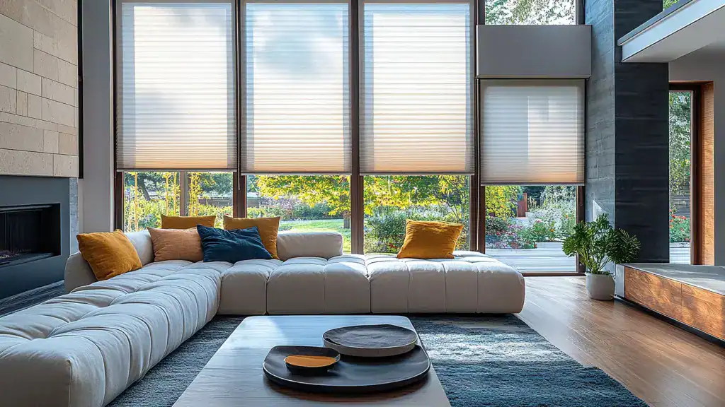 Cellular shades insulate a living room