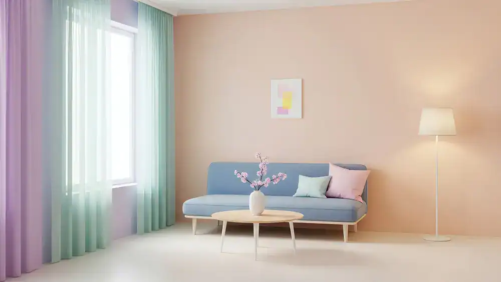 A pastel living room with complementary window treatments