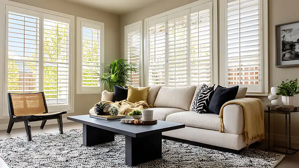 Plantation shutters in a modern living room